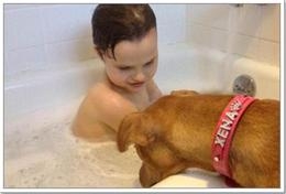 Jonny เด็กออทิสติกกับสุนัข Xena กำลังอาบน้ำด้วยกัน