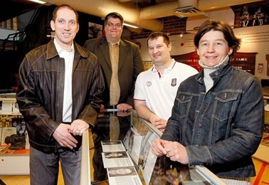 KEN GIGLIOTTI / WINNIPEG FREE PRESS Enlarge Image  The Manitoba Basketball Hall of Fame's Class of 2013 was unveiled Tuesday: player inductees are (L-R) Dan Becker, Norm Froemel, Joey Johnson and Anne Smith.