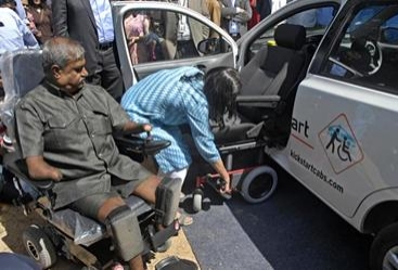 State Commissioner for Disablities K.S. Rajanna at the launch of 'KickStart', a cab service for persons with disabilities, in Bangalore on Thursday. Photo: V. Sreenivasa Murthy