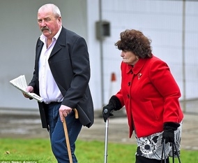 'High value fraud': Arthur McCarroll, 58, and his wife Susan, 65, (pictured leaving Dudley Magistrates Court), were eventually caught out after spending years fraudulently claiming disability benefits   Read more: http://www.dailymail.co.uk/news/arti