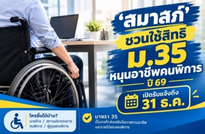 ‘สมาสภ์’ ชวนใช้สิทธิ ม.35 หนุนอาชีพคนพิการ ปี 69 เปิดรับแจ้งถึง 31 ธ.ค.