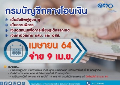 กรมบัญชีกลางแจ้งการโอนเงินเบี้ยผู้สูงอายุ-พิการ-เงินอุดหนุนบุตร หลังติดวันหยุดสงกรานต์