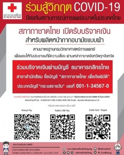 สภากาชาดไทย ร่วมสู้วิกฤต COVID-19 เปิดรับบริจาคเงินเพื่อผลิตหน้ากากอนามัยแบบผ้า ชะลอการแพร่ระบาด