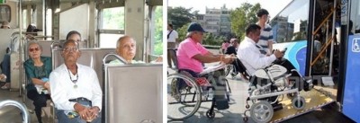 ผู้สูงอายุนั่งรถโดยสารกำลังเดินทางและภาพคนพิการนั่งรถเข็น เข็นรถขึ้นทางลาดรถเมล์ชานต่ำ