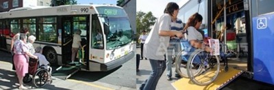 ภาพคนพิการนั่งเก้าอี้เข็นขึ้นรถเมล์โดยทางลาด