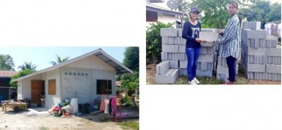 ผู้ใหญ่บ้าน ผู้ช่วยผู้ใหญ่บ้าน และสมาชิก อบต.ช่วยกันระดมทุนซื้ออุปกรณ์เพื่อก่อสร้างบ้านให้นางผัน อ่วมน้อย
