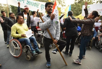 Disabled participants in a solidarity rally in Delhi. A top government official has acknowledged that the number of disabled people in the country as put in the 2011 Census is a gross underestimation. (Virendra Singh Gosain/HT PHOTO)