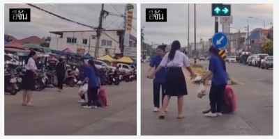 ซึ้งน้ำใจ บนถนน อ.มัญจาคีรี นักเรียนพาลุงพิการข้ามถนน ยกมือไหว้ขอบคุณรถทุกคัน